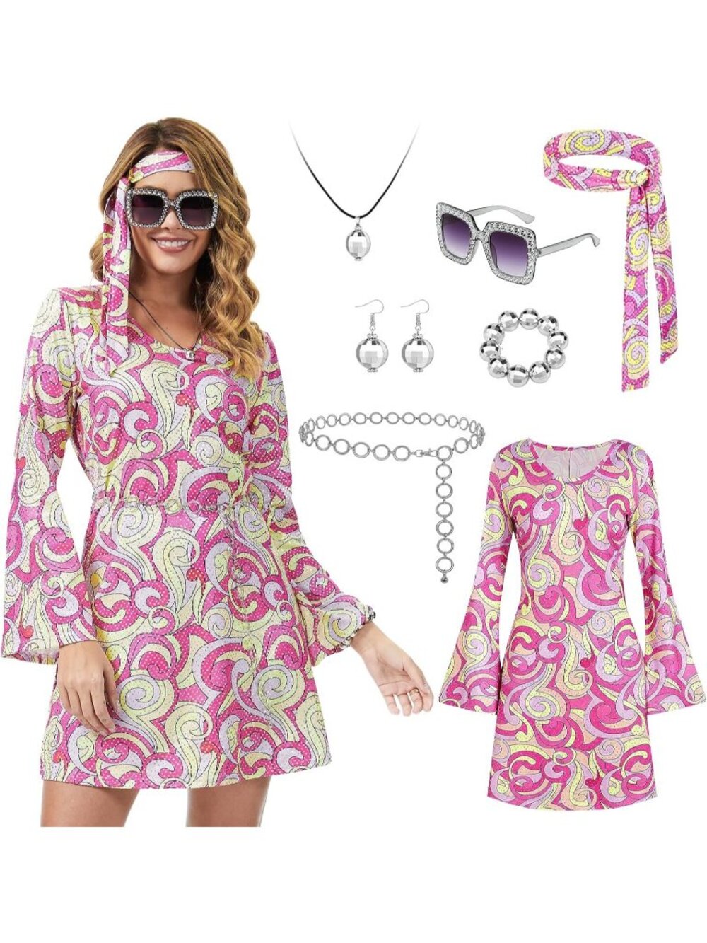 Women's Red 60s 70s Hippie Costume Dress Retro Disco Mini Halloween Party